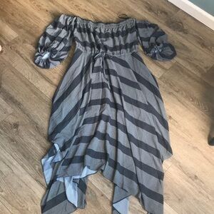 Shona Joy | off the shoulder hanker handkerchief hem balloon sleeve maxi dress.